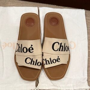 Chloe Tan and Cream Slide Sandals